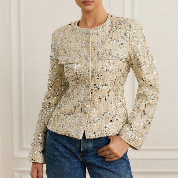 Beige Party Women's sequin detailed tweed belted blazer - Picture 5 of 6